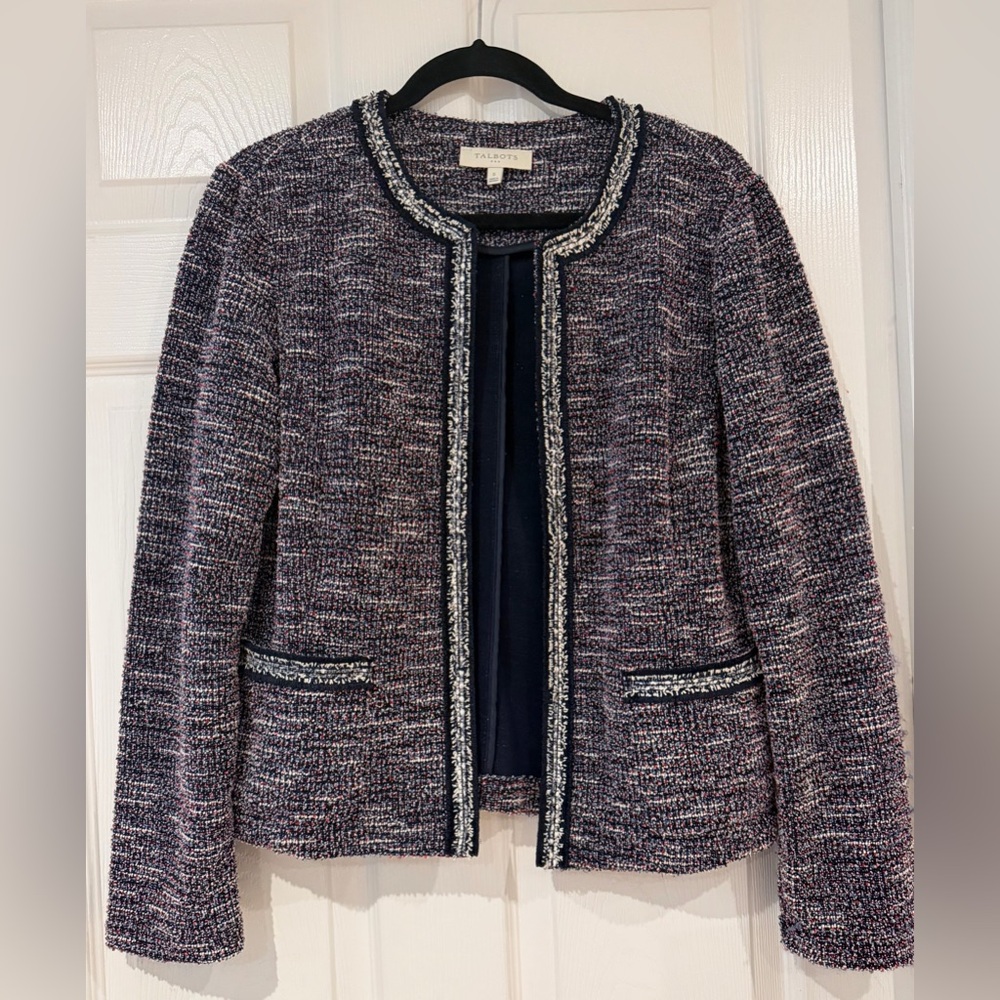 Talbots Open Front Tweed Knit Jacket Blazer Size S Cotton Blend Career Office